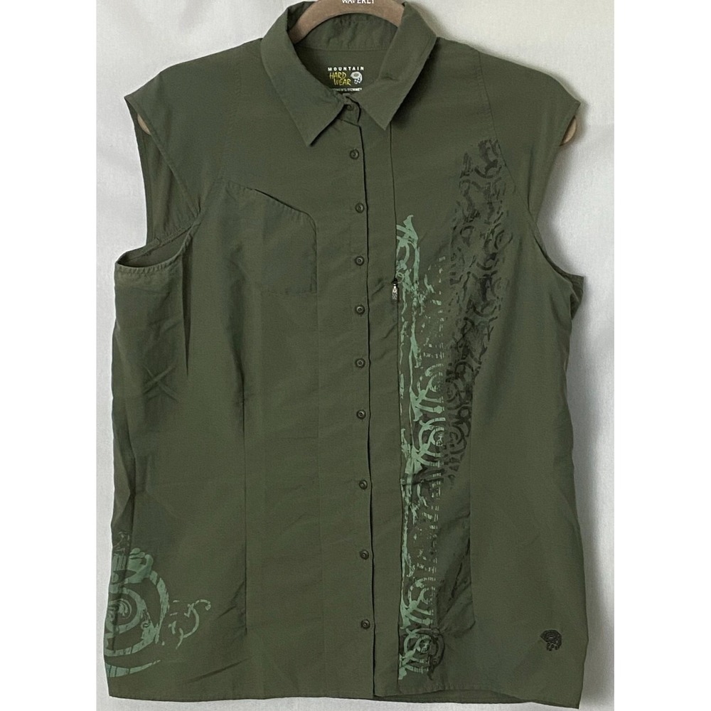 Mountain Hardware Womens Sleeveless Shirt Olive Green Tribal Print Pockets Sz 10